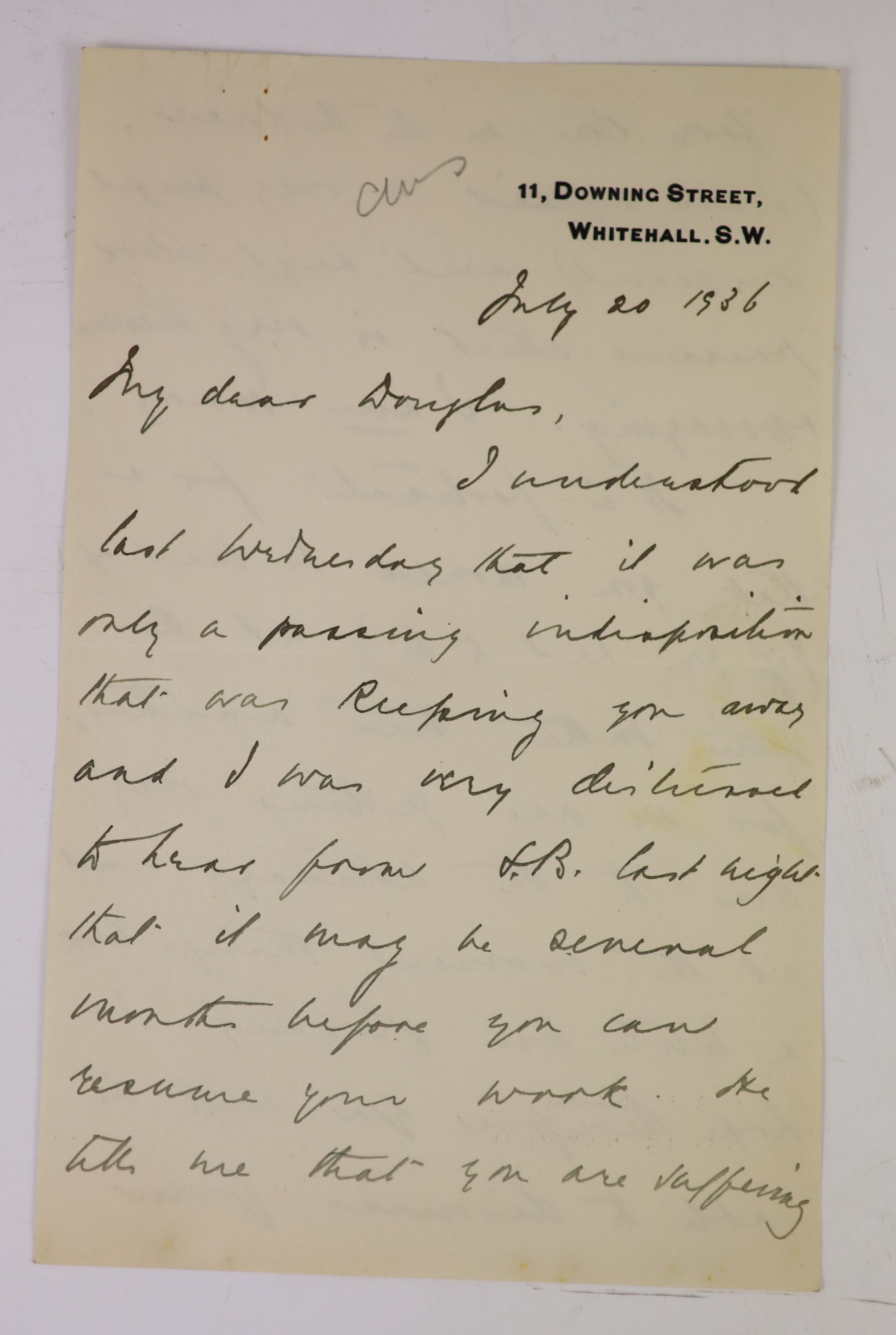 Chamberlain, Neville (1869-1940) An a/l, 4pp, 8vo, to Douglas Hogg, from 11, Downing Street, dated July 20th, 1936, another, 7pp, 8vo, with envelope, addressed to The Right Hon. The Viscount Hailsham, Carters Corner, Pla